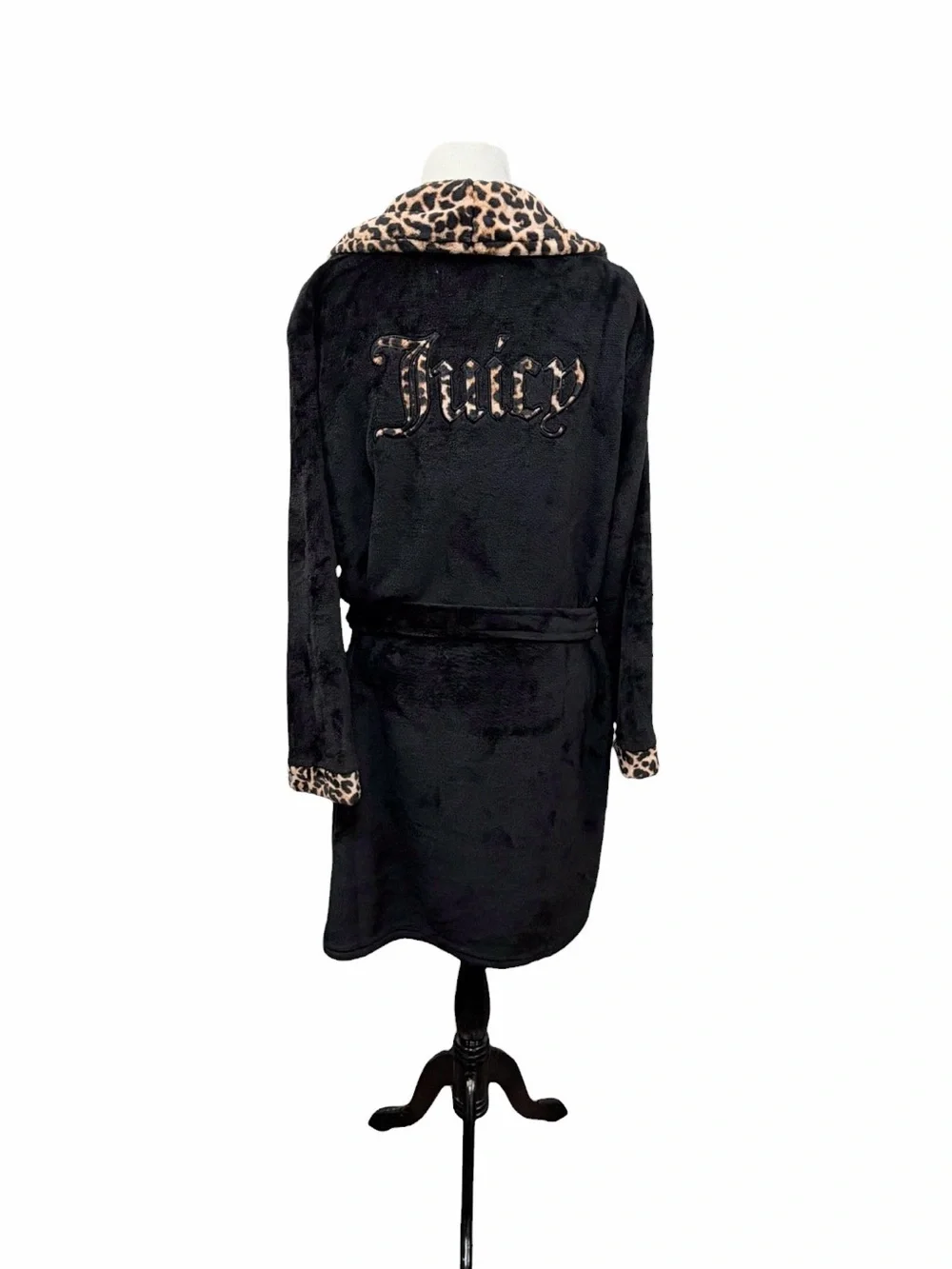 NWT Juicy Couture Plush Robe Black Leopard Print Embroidery Belted Plus Size 2X